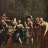 Giuseppe Maria Crespi (1665-1747), Sängerin am Spinett mit Bewunderern, Öl auf Leinwand, 59 x 47 cm, Schätzwert € 100.000 - 150.000 Auktion 24. April 2018