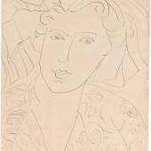 Henri Matisse (Cateau-Cambrésis 1869–1954 Nizza) Portrait de femme avec un collier, 1937, signiert und datiert Henri Matisse 37, mit rücks. Stempel P. M. (Pierre Matisse), Tusche auf hellgelbem Papier, 61 x 40,7 cm, erzielter Preis € 344.600