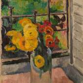 ANTON FAISTAUER (1887 – 1930), Sonnenblumenstrauß in einer Glasvase, 1926, Öl auf Leinwand, 45 x 46 cm