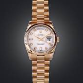Rolex Oyster Perpetual Day-Date, Armbanduhr, Roségold 750, Automatik, Ankerwerk, Stundenindexe mit Diamanten, um 2007 Schätzwert € 12.000 – 18.000