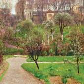 Frühling in Wien-Döbling: Gartenlandschaft mit blühendem Bäumen, grüner Wiese, geschwungenem Weg und Villa im Hintergrund, von Carl Moll, ca. 1908, Öl auf Leinwand, 100 x 100 cm, Schätzwert € 100.000 – 180.000; Fotocredit DOROTHEUM