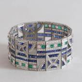 Art Déco Armband, Paris 1930-40, ca. 15ct Brillanten, 16ct Saphire, 6ct Smaragde  Foto: Kunsthandel und Antiquitäten Sonja Reisch