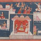 Krishna wird auf der Erde geboren  Folio 8 aus einer Bhagavata Purana-Serie (zu BhP 10.3.1–46), Indien, Bundelkhand, Orchha, ca. 1690–1700, Dauerleihgabe Eva und Konrad Seitz, Museum Rietberg, Zürich (2021.124)