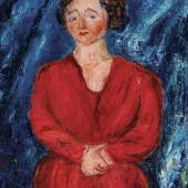 Chaim Soutine (Smilawitschy 1893 - 1943 Paris) La femme en rouge au fond bleu, 1928, signiert, Öl auf Leinwand,  75,5 x 54,9 cm, erzielter Preis € 1.811.555