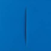 Lucio Fontana (Rosario di Santa Fe, Argentinien 1899–1968 Comabbio) Concetto Spaziale, Attesa, 1967/1968, auf der Rückseite signiert, betitelt und bezeichnet: l. Fontana/ Concetto Spaziale/ATTESA/ Ventimilaqua/trocentoventi/ cinque e 30 cm, Wasserfarbe auf Leinwand, blau, 46 x 55 cm, in Plexiglasbox, erzielter Preis € 552.300