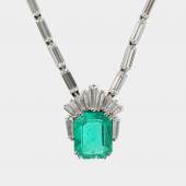 00100 Collier, 750 WG Meistermarke W, im Mittelteil besetzt mit einem Smaragd im Tafelschliff von ca. 3,01 cts., Ausruf € 12.000,–