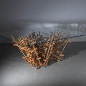 Mock-up (Vorführmodell) zum Tischentwurf "Kigumi Table", Entwurf Kengo Kuma, 2018, zweiteiliges Untergestell aus Eichenholzleisten, zweiteilige Klarglasplatte, Startpreis € 18.000