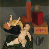 2020 Rudolf Wacker Stillleben mit zwei nackten Puppen (Schachteln, Ball, Bausteine) 1926