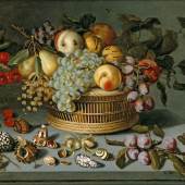 Ambrosius Boschaert II (Arnemuiden 1609 - 1641 Utrecht) Ein Korb mit Früchten, Muscheln, einer Eidechse und Insekten auf einer steinernen Tischplatte, Öl auf Holz, 37,5 x 49,5 cm, Auktion Alte Meister, 11. Mai 2022, Schätzwert € 200.000 - 300.000