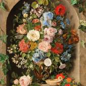 Pauline von Koudelka-Schmerling (Wien 1806 - 1840) Großes Blumenstück in einer griechischen Vase mit Öllampe, signiert, datiert 1836, Öl auf Holz, 68 x 54,5 cm, Auktion Gemälde des 19. Jahrhunderts, 10. Mai 2022, Schätzwert € 40.000 - 50.000