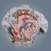  	 Falco: Persönliche Jeansjacke Tony Alamo im Vintage-Wash-Style mit Aufschrift „Texas“, Startpreis € 600 