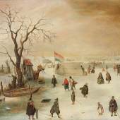 Hendrick Avercamp (1585–1634) und Assistent, Winterlandschaft mit Eisläufern, 41,5 x 60 cm, Auktion 24. April 2024, Schätzwert € 220.000 – 250.000 