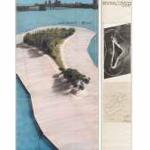 Christo (Javacheff Christo), Surrounded Islands (Projekt für Biscayne Bay, Greater Miami, Florida), 1982, zweiteilig, Wachskreide, Pastell, Emaillefarbe, Kohle, Bleistift, Konstruktionszeichnung und Luftaufnahme auf Papier auf Holz montiert, 244 x 106,6 cm und 244 x 38 cm, in Plexiglasrahmen, Schätzwert € 280.000 – 360.000 