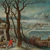 2011 Jan Brueghel der Jüngere  (Antwerpen 1601 - 1678 Antwerpen)  „Allegorie des Winters (Jäger im Schnee)“ Ende der 1620er Jahre Öl auf Kupfer; gerahmt 20,5 x 27,8 cm Schätzpreis: € 35.000 - 70.000