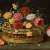 2118 Jan Brueghel der Jüngere  (Antwerpen 1601 - 1678 Antwerpen)  „Rosen und Tulpen im Henkelkorb“ 1640er Jahre Öl auf Kupfer; gerahmt 11,3 x 15 cm Schätzpreis: € 18.000 - 36.000