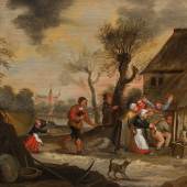 2010 Pieter Brueghel der Jüngere Umkreis  (Brüssel um 1564 - 1638 Brüssel )  „"Wie een varken is, moet in het kot" („Wer ein Schwein ist, muss in den Stall“)“ Öl auf Holz; parkettiert; gerahmt 48,5 x 64,5 cm  Schätzpreis: € 6.000 - 12.000