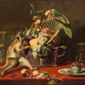 Frans Snyders. 1579 - Antwerpen - 1657. Umkreis. Prächtiges Früchtestilleben auf einem geschmückten Tisch mit naschendem Äffchen und Papagei. Öl/Lwd. 87 x 114,5 cm. R, Mindestpreis:	15.000 EUR