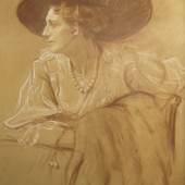 Julie Wolfthorn, Selbstportrait mit großem Hut, Pastellkreidenzeichnung, 58 x 47 cm, signiert, Startpreis: 750 €