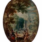 David Vinckboons (1576 Mecheln – 1629 Amsterdam) zugeschrieben. Elegante Gesellschaft amüsiert sich bei einem Picknick im Park mit Gesang und Lautenspiel. Miniaturmalerei in Öl auf Kupfer. Oval, 8 x 6 cm Limit 1.800 € Ergebnis 59.000 €*  