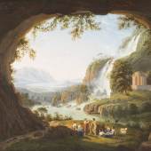 LUDWIG PHILIPP STRACK (1761-1836): Ideallandschaft bei Tivoli mit Wasserfall, Höhle, Tempietto und Staffage, Öl auf Leinwand. 57,5 cm x 72,5 cm. Limit 3.000,- €