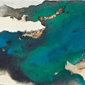 Zhang Daqian (Chang Dai-chien) 1899-1983 BRIDGE TO MOUNTAIN TEMPLE SHROUDED BY PRISMATIC CLOUDS IN SPLASHED COLOR Estimate  220,000 — 280,000 USD