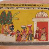 Die Brahmaninnen bringen Speisen zu Krishna  Folio 36 aus der «Bir Singh-Bhagavata Purana-Serie» (zu BhP 10.23), Indien, Bundelkhand, Orchha, ca. 1605–1615, Dauerleihgabe Eva und Konrad Seitz, Museum Rietberg, Zürich (2019.477)