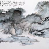 Zhang Daqian 'Tempel in den Bergen bei Sonnenuntergang', 40 x 90 cm.  Aus der Sammlung Fok Chung Kit, der Erlös wird wohltätigen Institutionen gestiftet