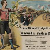 Ankündigungsplakat für Fahrradrennen auf der Innsbrucker Radrennbahn am 10. und 11. April 1900, Farblithografie Foto: TLM