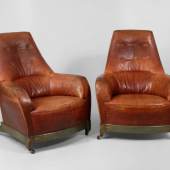 2 große Jugendstil-Ledersessel. Two Large Art Nouveau Brown Leather Armchairs, Oak, About 1900. Mindestpreis:	240 EUR