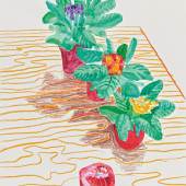 David Hockney (1937) Purple, Pink and Yellow African Violets with Apple on Table, New York | 2000 | Gouache und Farbkreide auf Papier | 61 x 45,5 cm Ergebnis: 258.000 Euro 