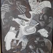 Peter Krusche (1953)"Am Tisch III",Mischtechnik und Öl auf Papier, auf Holz aufgezogen, signiert,ca.124,5x104cm