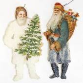 3184	Christbaumschmuck, 2 Teile Watte, Weihnachtsmann, mit Obladen-Gesicht u. Weihnachtsbaum, sowie Kiepe, mit Geschenken, 10,5 cm, guter Zust.  90 EUR