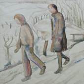 Greta Oberbeck, Winterliche Szene mit zwei Kindern/Aquarell/35 x 23 cm/2001