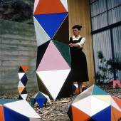 Ray Eames with an early prototype of The The Toy in the patio of the Eames House 1950 2017 Eames Office LLC