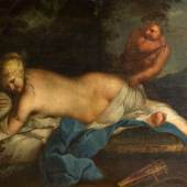 Frankreich, 18. Jh. Weiblicher Akt mit Bacchus. Öl/Lwd., doubliert. 100 x 131,5 cm. Gerahmt. Zuschlag: 30.000 €