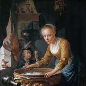 RCIN 406358 Gerrit Dou (1613-1675) Meisje dat uien hakt, 1646 Paneel, 18 x 15 cm Gesigneerd en gedateerd op de schoorsteenmantel: GDOV 1646 (GD ineen) Aangekocht door George IV, 1814