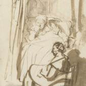 Rembrandt, Frau im Bett (Saskia?) mit einer Amme, um 1638  Feder und Pinsel in Braun, braun laviert, 227 x 164 mm © Staatliche Graphische Sammlung München