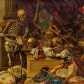 LUYCKX, CARSTIAN  (1623 Antwerpen um 1677)  Memento Mori Stillleben mit Musikinstrumenten, Büchern, Noten, Skelett, Schädel und Rüstung.  Öl auf Leinwand.  73,5 x 92,5 cm.  CHF 30 000 / 40 000 | (€ 25 000 / 33 330)