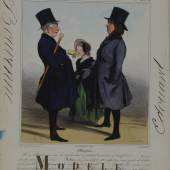 L´Adoption, gouachierte Kreidelithographie mit Kolorierungsanweisungen von Edouard Bouvenne, Honoré Daumier, 1841, Sammlung Frank, Stuttgart.