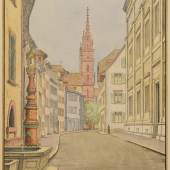 Niklaus Stoecklin  Augustinergasse mit Münster, 1939  Lithographie, aquarelliert, 46 x 37,5 cm LM Ref. U. 708