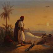 510 Raden Sarief Bastaman Saleh, l.u.sig. und dat. Raden Saleh 1843, Semarang 1811 - 1880 Buitenzog, "Abendstimmung über Araber und seinem Pferd",  4000/ 17000 Euro