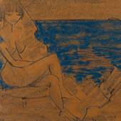 OTTO MUELLER (1874 - 1930), SITZENDER FRAUENAKT AN EINEM GEWÄSSER, Pastellkreide auf bräunlichem Papier. SM 48 x 68 cm. Erlös 51.200,- €