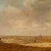 JAN VAN GOYEN (1596-1656), BELEBTE LANDSCHAFT MIT EINER STADTANSICHT ARNHEIMS AUS DER FERNE, Öl auf Eichenholz. 20,5 x 25 cm, signiert und datiert. Limit 20.000,- €