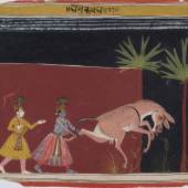 Der Eselsdämon greift Krishna und seine Freunde an  Folio 21 aus einer Bhagavata Purana-Serie (zu BhP 10.15.1–46), Indien, Bundelkhand, Datia, ca. 1635–1650, Dauerleihgabe Eva und Konrad Seitz, Museum Rietberg, Zürich (2021.105)