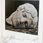 Blandine Chambost, Sleeping Erinyes (Detail), 2022, Collage inlaid with gilded and antique marbled paper on a Carrara marble base, 30 x 34 x 10 cm. Courtesy of Stuart Lochhead Sculpture