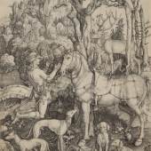 604 Albrecht Dürer, m.u.i.St.mon.,  Nürnberg 1471 - 1528 daselbst, "Der hl. Hubertus, auch Eustachius genannt", Holzschnitt, 1585-1599, 35,5 x 26 cm, gebräunt, fleckig - Meder 60 k von k -  Ausruf EUR 3.000,-