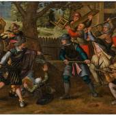 David Vinckboons Bauernfreud – Bauern verjagen spanische Soldaten aus ihrem Haus, um 1610 Öl auf Leinwand; 106 × 145 cm verkauft um € 75.600