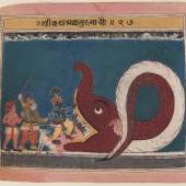 Krishna bezwingt den Dämon Agha  Folio 27 aus der «Bir Singh-Bhagavata Purana-Serie» (zu BhP 10.12.1–39), Indien, Bundelkhand, Orchha, ca. 1605–1615, Geschenk Eberhard und Barbara Fischer, Museum Rietberg, Zürich (2023.16)