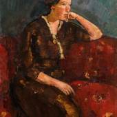 1283 Anton Faistauer Junge Frau in rotem Kleid auf rotem Sofa (Porträt von Ida, der Gattin des Künstlers) Schätzpreis € 50.000 - 80.000  Meistbot € 45.000