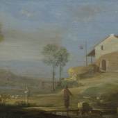 Carel de Hooch (um 1600/06 – 1638), Italienische Landschaft mit Brücke, um 1630/35, Eichenholz, 9,3 x 16,2 cm © Bayerische Staatsgemäldesammlungen, Alte Pinakothek, München
